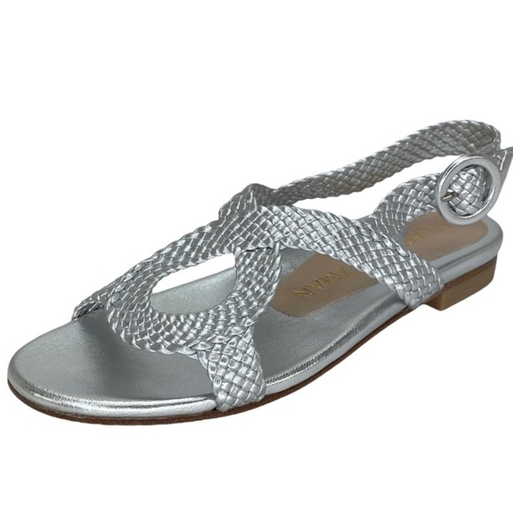 Stuart Weitzman Teodora Silver Braided Leather Womens Sandals - Picture 1 of 8